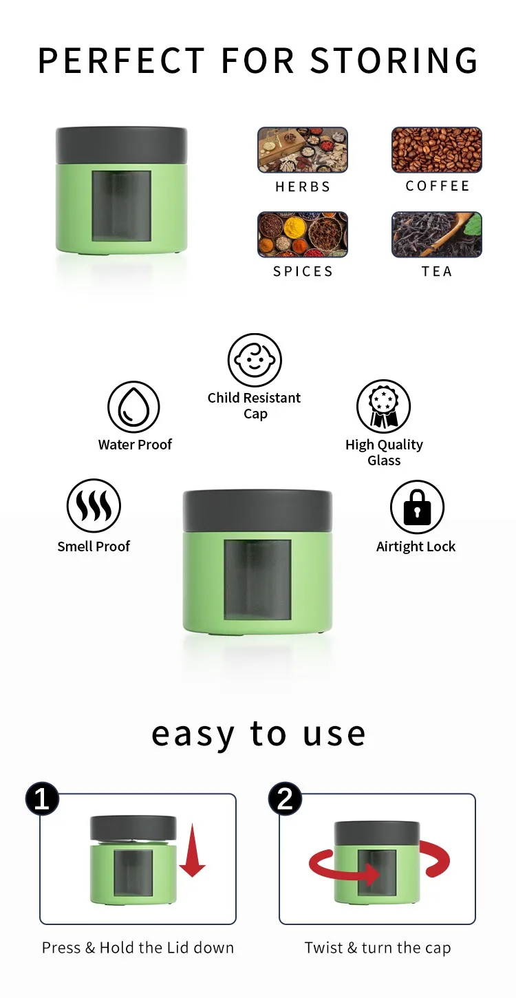 green frosted child resistant jar
