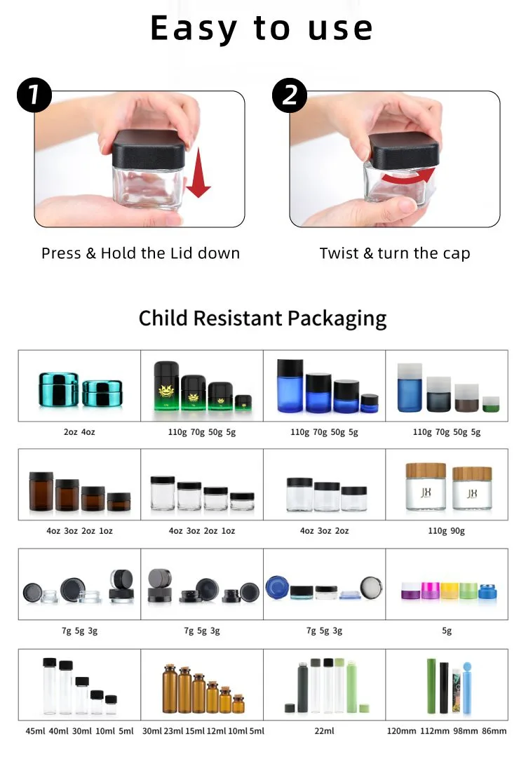 2oz square glass child proof jar