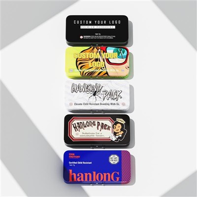 Eco Friendly Airtight Child Resistant Tin Box With Hinged Lid With Press Button Lock CR Tin