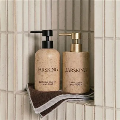 High-end Hotel Amenity Packaging (shampoo, Body Wash, And Conditioner Bottles) Made Of Stone-effect Material. best