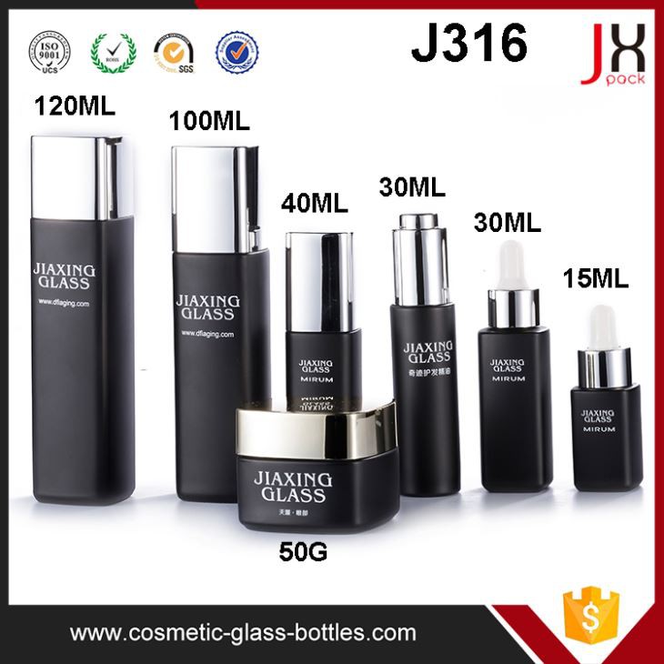 Botella de cosméticos de vidrio negro de lujo 30ml 50ml 110ml 130ml, tarro de crema para el cuidado de la piel vacío / botella de bomba de loción / embalaje de vidrio cosmético / botella al por mayor