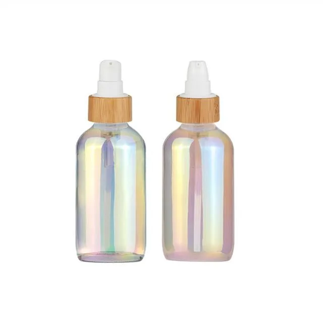 2 Oz 4 Oz Colored Bamboo Lotion Pump Boston Round Glass Bottle