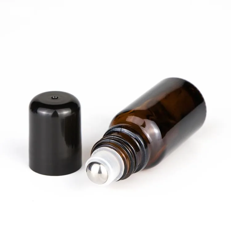 10ML AMBER GLASS-KLASSE MED SATAINLESS STÅL ROLLER BALL BLACK PP CAP