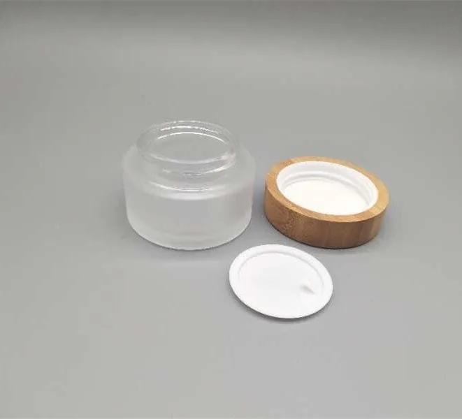 30g 50g Gol gol de sticlă de culoare înghețată cu capac de bambus
