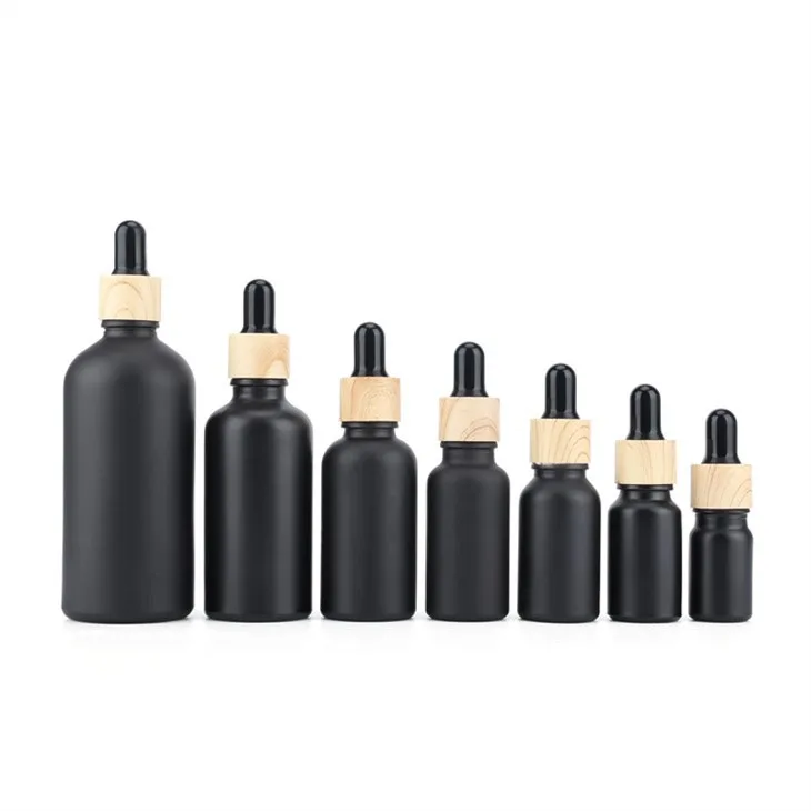 15 30 50 Ml Matte Black Oil Glass Dropper Bottle With Bamboo Dropper Cap