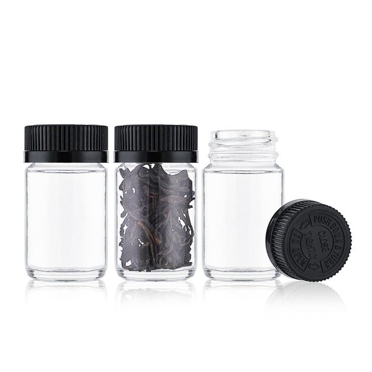40 ml kanapių stiklainis su juodu kvapui nepralaidžiu dangteliu