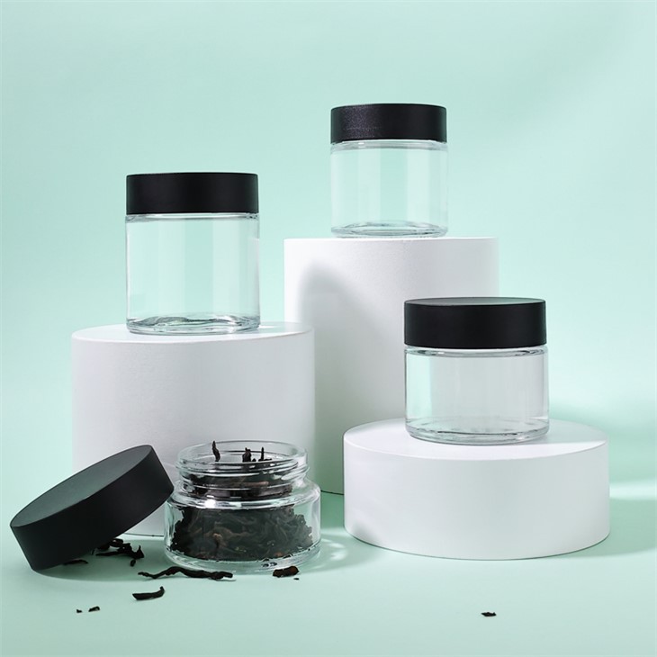 Clear Round Cannabis Jar With Black Childproof Lid