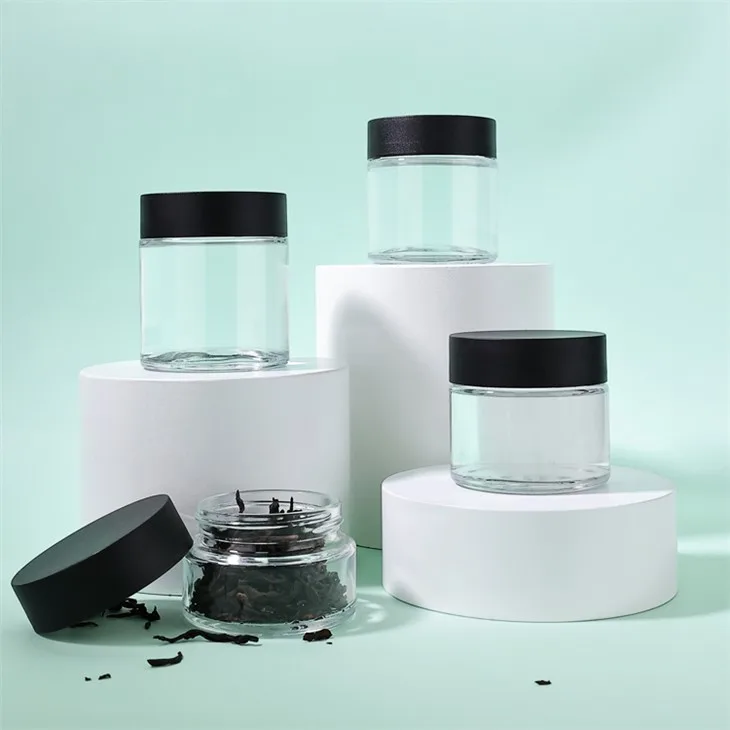 Clear Round Cannabis Jar With Black Childproof Lid