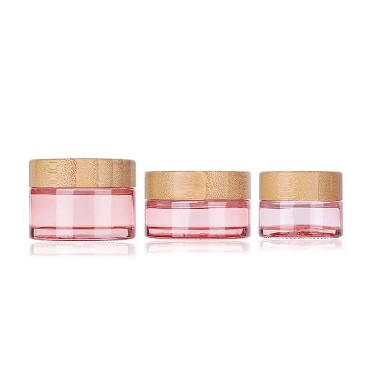 Pink Cosmetic Glass Jars With Bamboo Lids