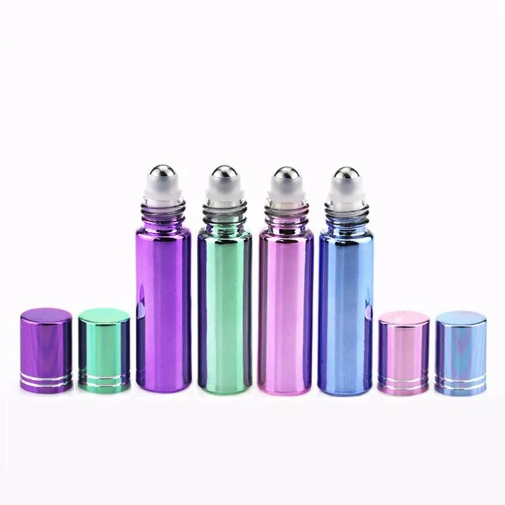 Electroplating Pink Purple Blue Tall 10ml Glass Perfume Roll On Bottle With Stainless Steel Roller Ball